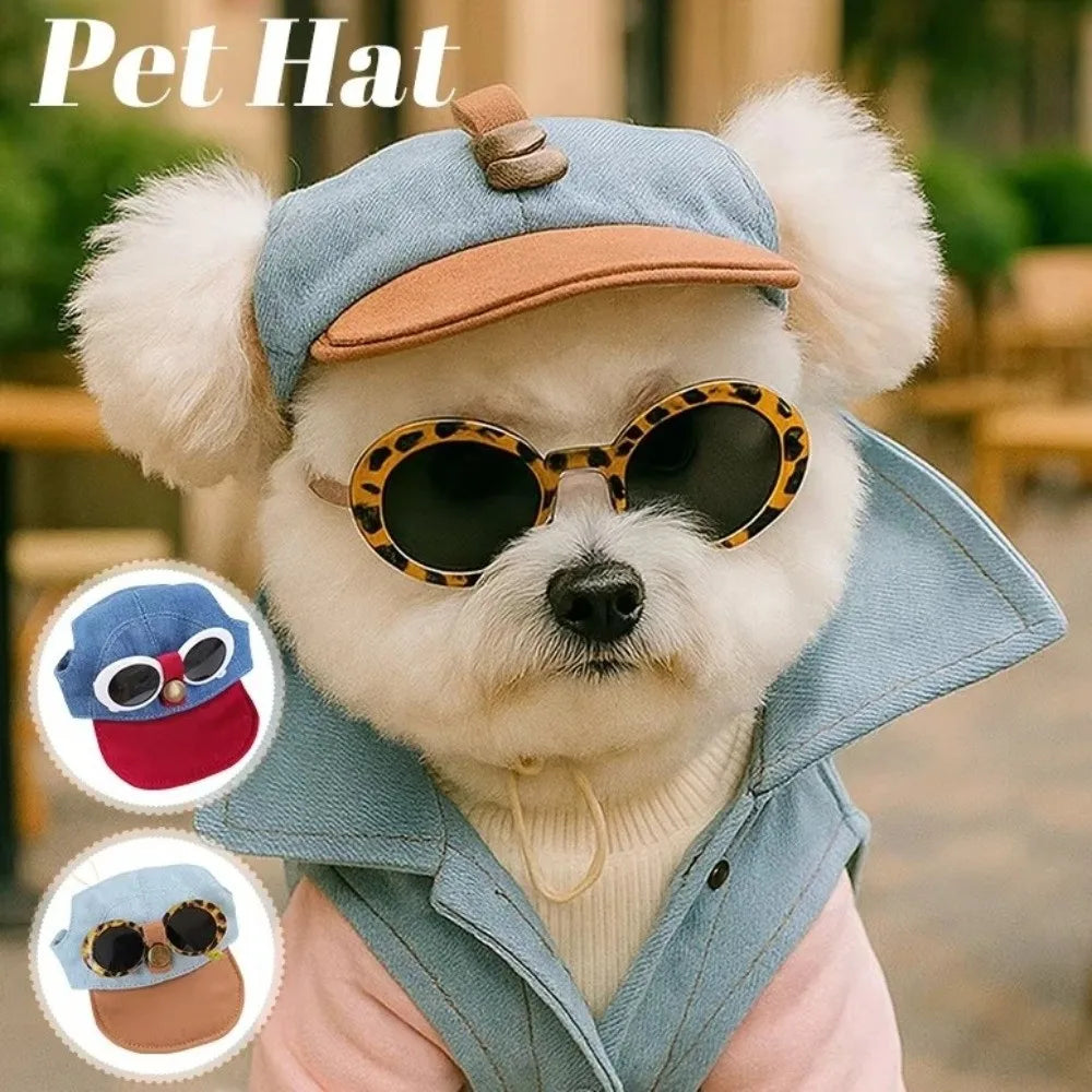 Korean Style Dog Sun Hat with Sunglasses Adjustable Denim Cap