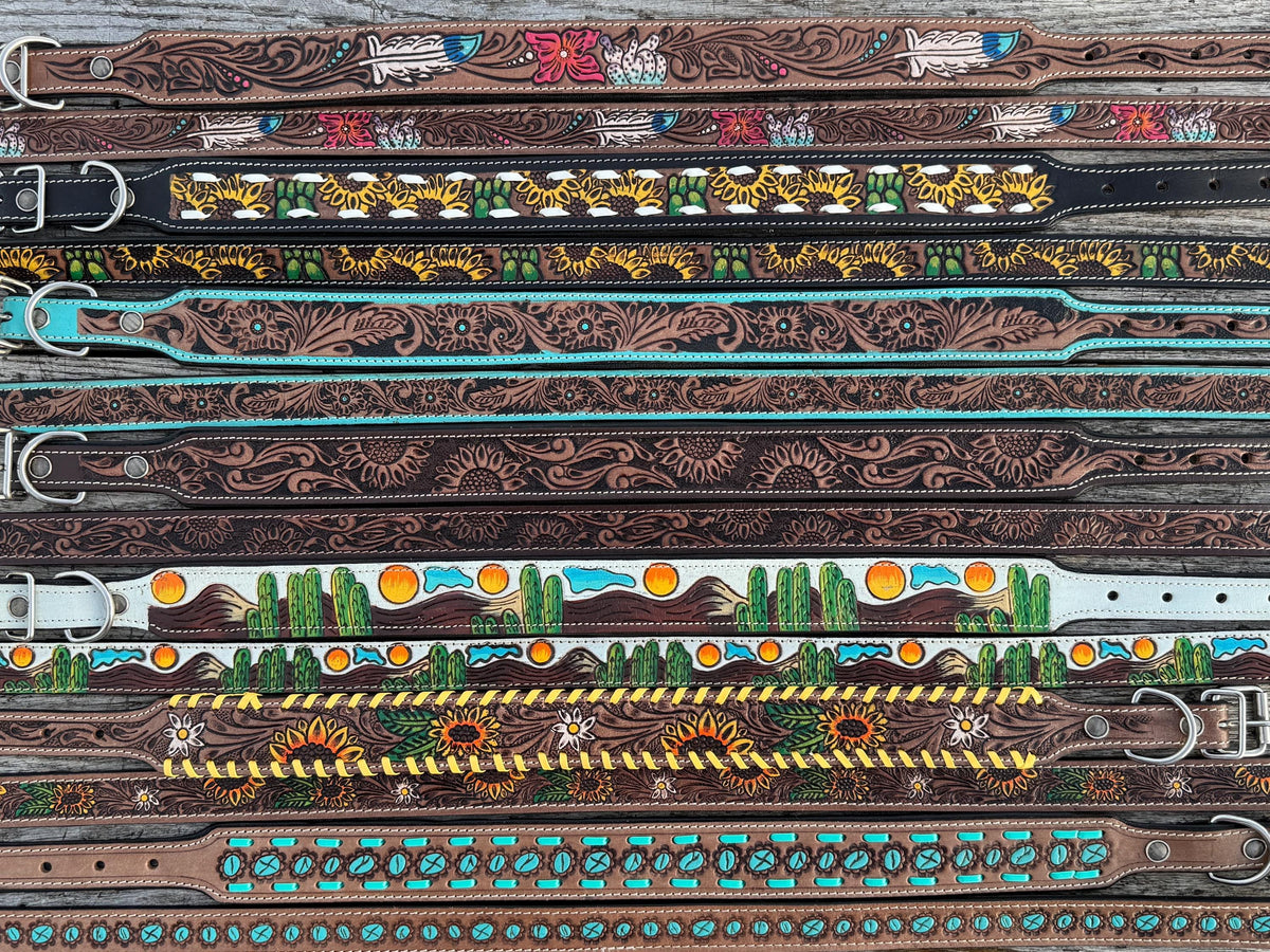 Western Genuine Leather dog collar or leash tooled details of sunflower daisy cactus floral turquoise feather by Double B Wild Rags